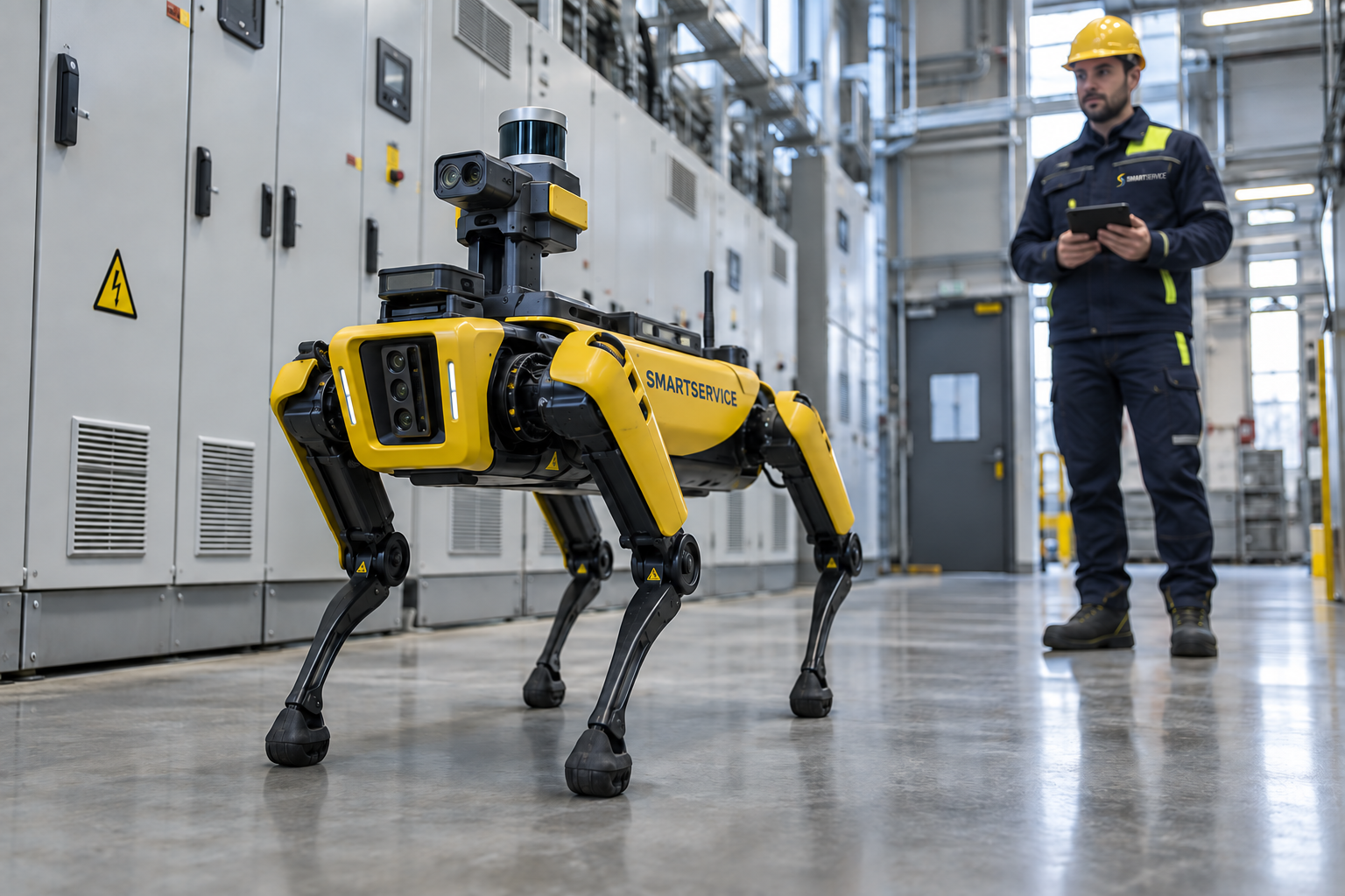 Visualizzazione illustrativa di un robot quadrupede SMARTSERVICE per ispezione, affiancato da un operatore