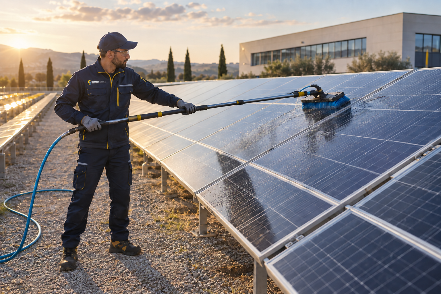 Scena illustrativa di un operatore che pulisce moduli fotovoltaici a terra con una spazzola telescopica